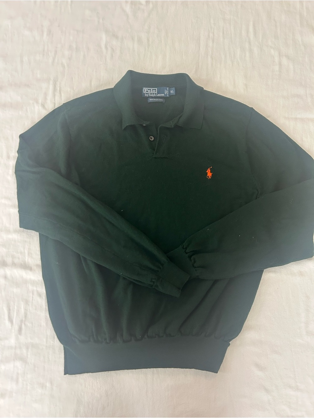 Polo Ralph Lauren Mens XL Dark Green 100% Merino Wool Long Sleeve Polo Sweater